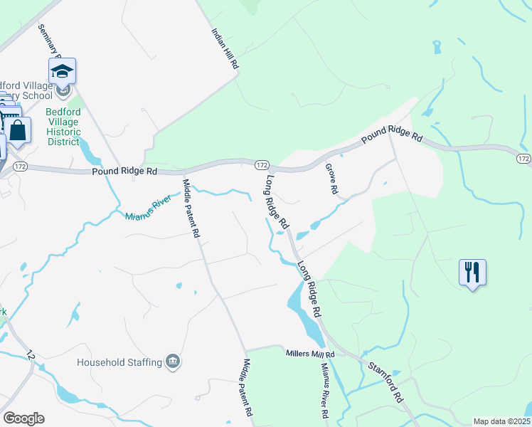 map of restaurants, bars, coffee shops, grocery stores, and more near 23 Long Ridge Road in Bedford