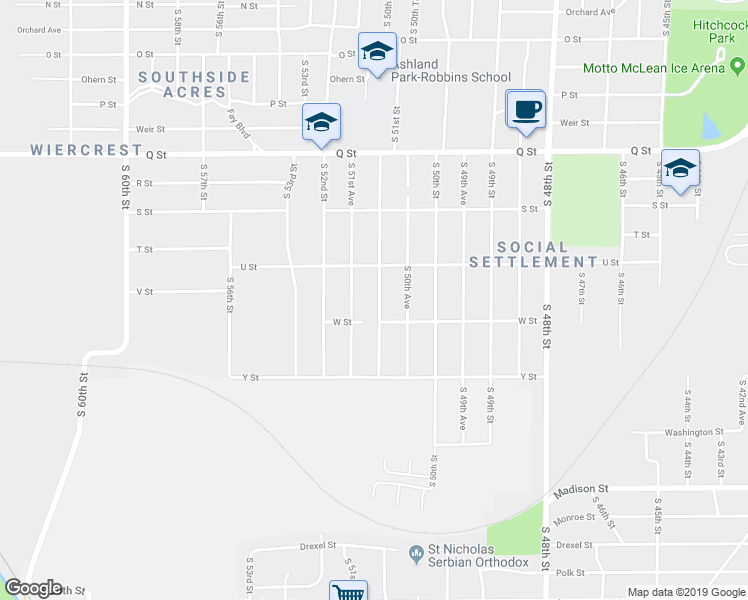 map of restaurants, bars, coffee shops, grocery stores, and more near 5638 South 51st Street in Omaha