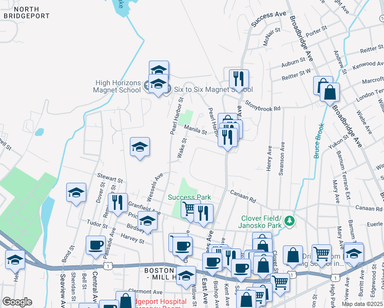 map of restaurants, bars, coffee shops, grocery stores, and more near 42 Court D in Bridgeport