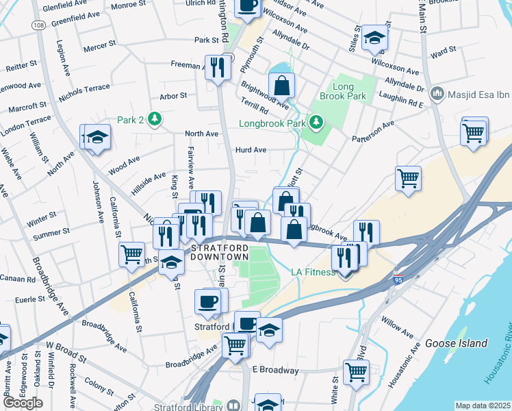 map of restaurants, bars, coffee shops, grocery stores, and more near 925 Longbrook Avenue in Stratford