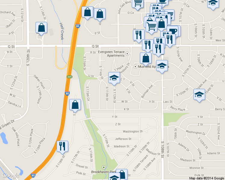 map of restaurants, bars, coffee shops, grocery stores, and more near 5712 S 112th St in Omaha