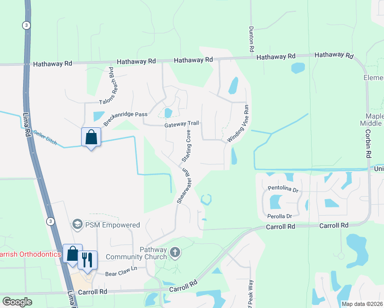 map of restaurants, bars, coffee shops, grocery stores, and more near 12860 Starling Cove in Fort Wayne