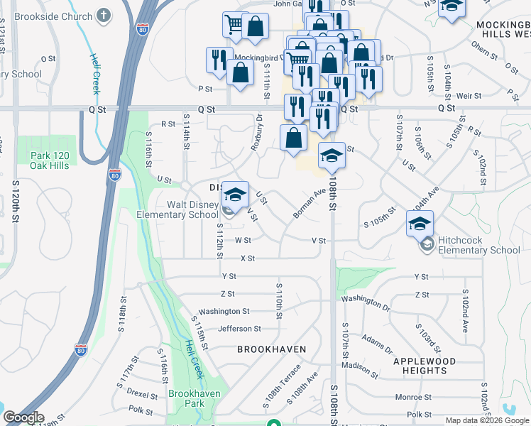 map of restaurants, bars, coffee shops, grocery stores, and more near 11029 U Street in Omaha