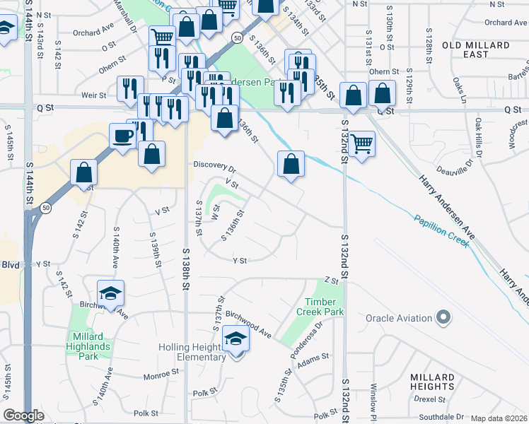map of restaurants, bars, coffee shops, grocery stores, and more near 13563 V Cir in Omaha