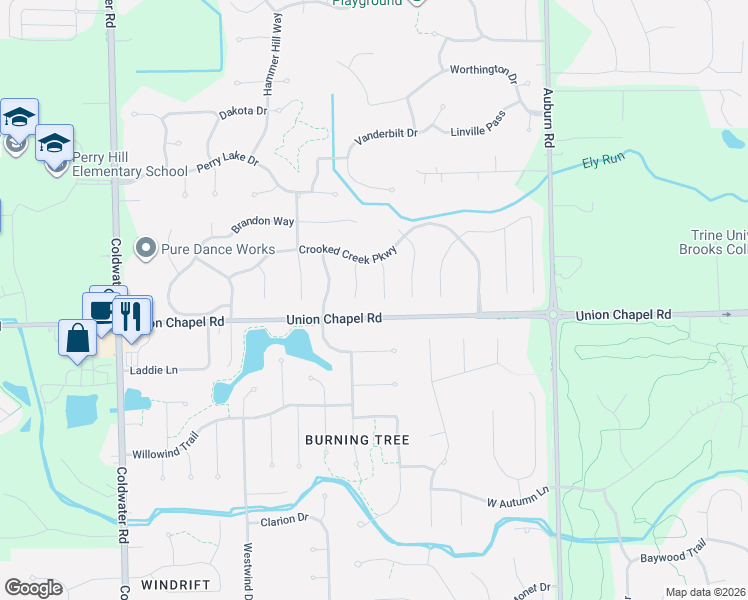 map of restaurants, bars, coffee shops, grocery stores, and more near 12723 Capshaw Court in Fort Wayne