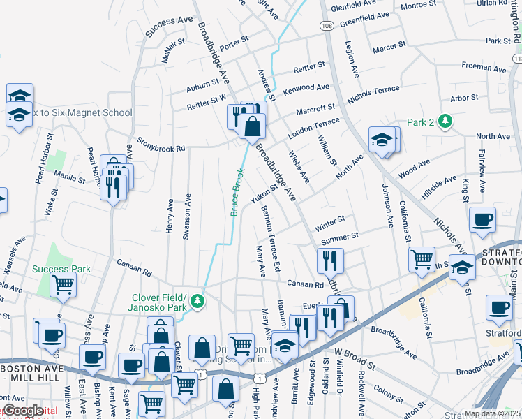 map of restaurants, bars, coffee shops, grocery stores, and more near 523 Barnum Terrace Extension in Stratford