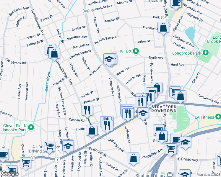 map of restaurants, bars, coffee shops, grocery stores, and more near 235 Johnson Avenue in Stratford