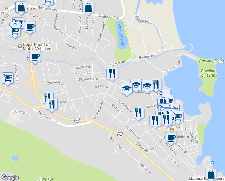 map of restaurants, bars, coffee shops, grocery stores, and more near 9 George Street in Haverstraw