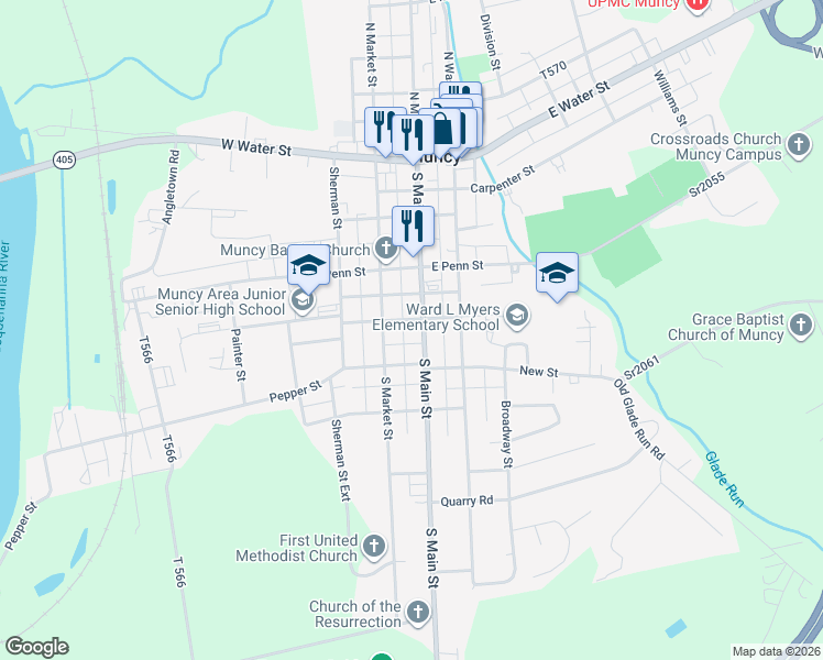 map of restaurants, bars, coffee shops, grocery stores, and more near 306 South Main Street in Muncy