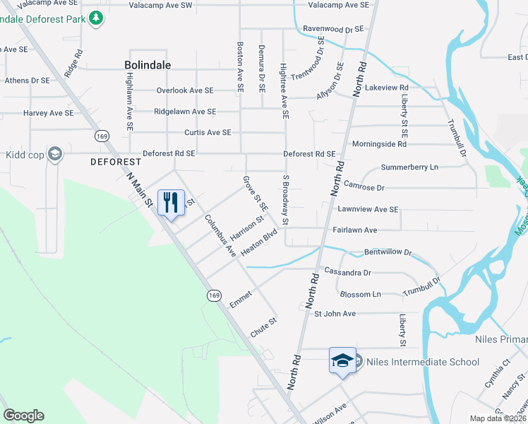 map of restaurants, bars, coffee shops, grocery stores, and more near 1383 Grove Street Southeast in Niles