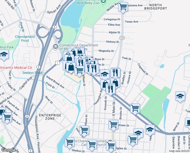 map of restaurants, bars, coffee shops, grocery stores, and more near 333 Boston Avenue in Bridgeport