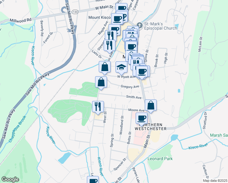 map of restaurants, bars, coffee shops, grocery stores, and more near 91 Smith Avenue in Mount Kisco