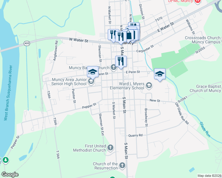 map of restaurants, bars, coffee shops, grocery stores, and more near 302 South Market Street in Muncy