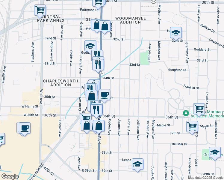 map of restaurants, bars, coffee shops, grocery stores, and more near 3458 Ogden Avenue in Ogden