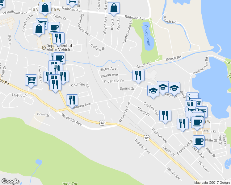 map of restaurants, bars, coffee shops, grocery stores, and more near 18 Village Mill in Haverstraw