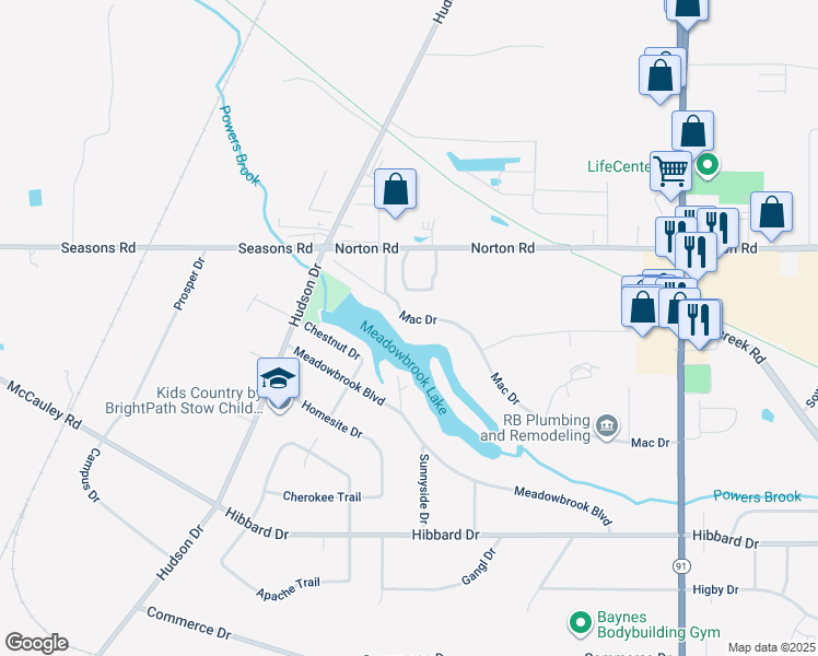 map of restaurants, bars, coffee shops, grocery stores, and more near 1274 Mac Drive in Stow