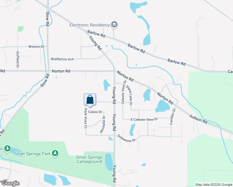 map of restaurants, bars, coffee shops, grocery stores, and more near 5457 Young Road in Stow
