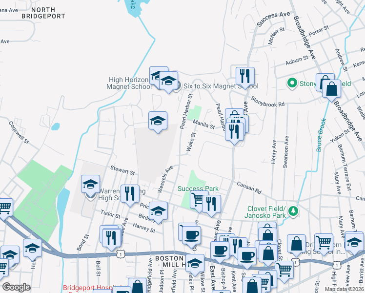 map of restaurants, bars, coffee shops, grocery stores, and more near 324 Pearl Harbor Street in Bridgeport