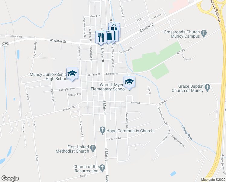 map of restaurants, bars, coffee shops, grocery stores, and more near 304 South Washington Street in Muncy