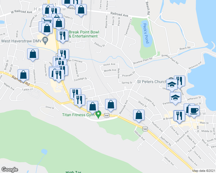map of restaurants, bars, coffee shops, grocery stores, and more near 64 Village Mill in Haverstraw