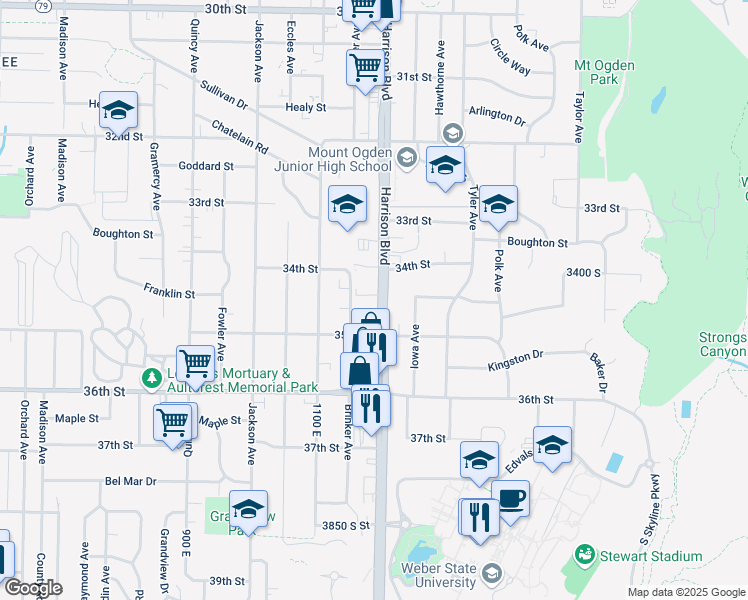 map of restaurants, bars, coffee shops, grocery stores, and more near 3460 Brinker Avenue in Ogden