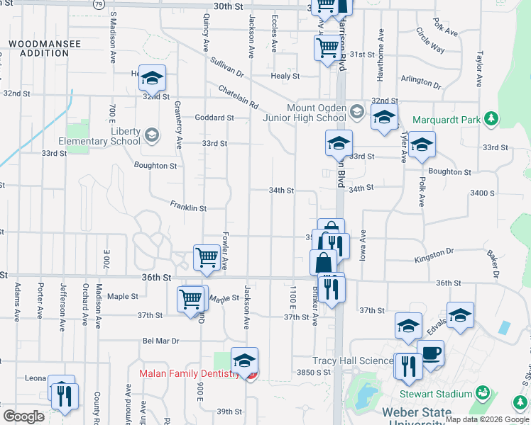 map of restaurants, bars, coffee shops, grocery stores, and more near 3452 Eccles Avenue in Ogden
