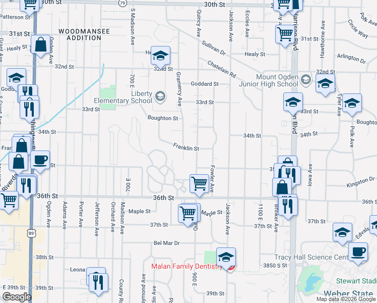 map of restaurants, bars, coffee shops, grocery stores, and more near 3457 Quincy Avenue in Ogden