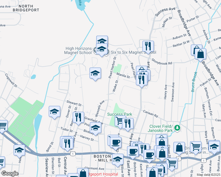 map of restaurants, bars, coffee shops, grocery stores, and more near 324 Pearl Harbor Street in Bridgeport