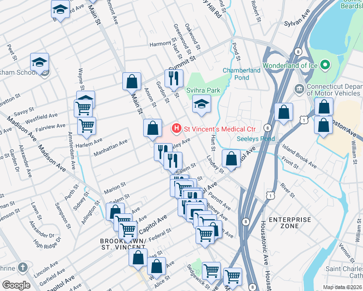 map of restaurants, bars, coffee shops, grocery stores, and more near 135 Gurdon Street in Bridgeport