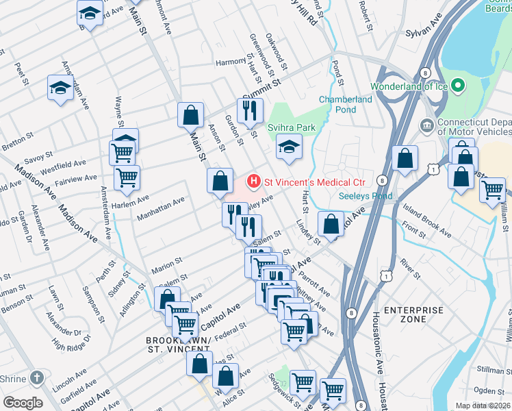 map of restaurants, bars, coffee shops, grocery stores, and more near 225 Hawley Avenue in Bridgeport