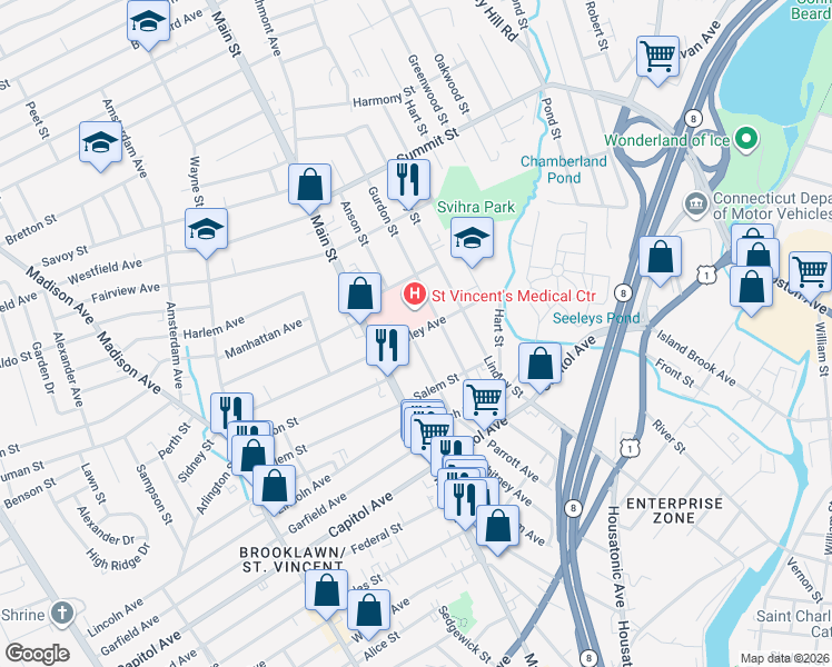map of restaurants, bars, coffee shops, grocery stores, and more near 225 Hawley Avenue in Bridgeport