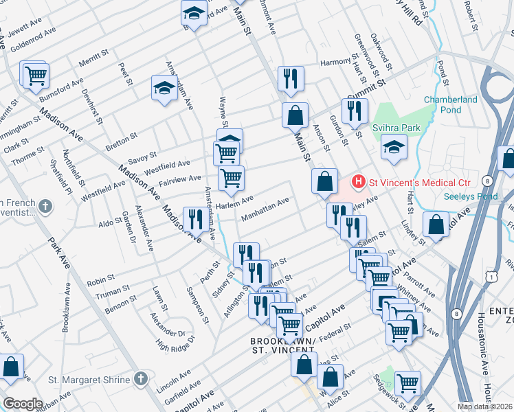 map of restaurants, bars, coffee shops, grocery stores, and more near 126 Manhattan Avenue in Bridgeport