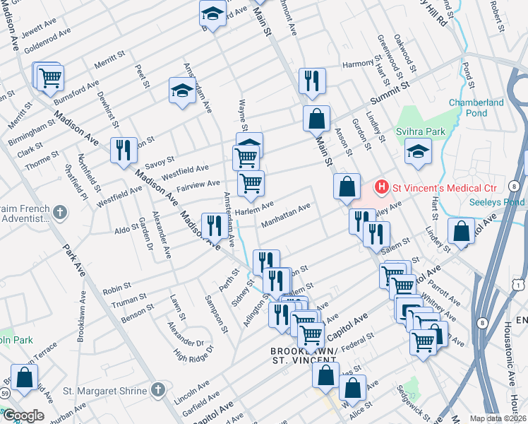 map of restaurants, bars, coffee shops, grocery stores, and more near 233 Wayne Street in Bridgeport