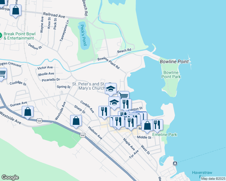 map of restaurants, bars, coffee shops, grocery stores, and more near 103 Broadway in Haverstraw