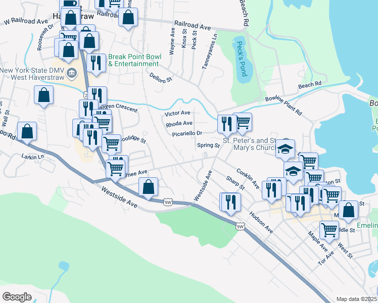 map of restaurants, bars, coffee shops, grocery stores, and more near 18 Village Mill in Haverstraw