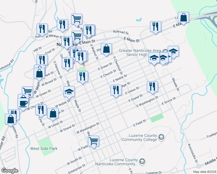 map of restaurants, bars, coffee shops, grocery stores, and more near 516 South Walnut Street in Nanticoke