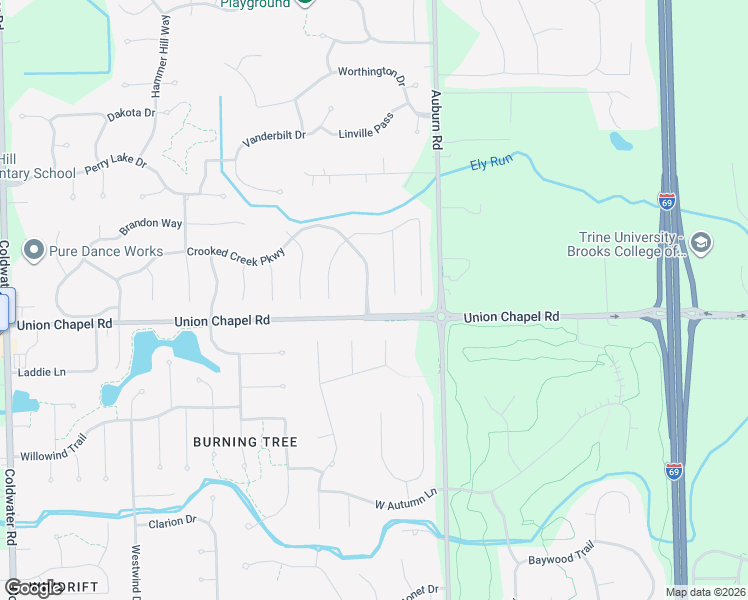 map of restaurants, bars, coffee shops, grocery stores, and more near 12707 Crystal Creek Parkway in Fort Wayne