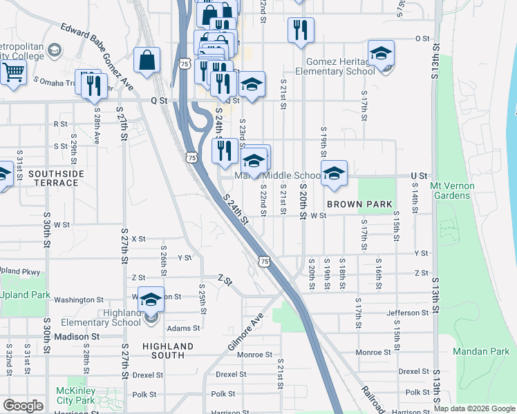 map of restaurants, bars, coffee shops, grocery stores, and more near 5642 South 22nd Street in Omaha