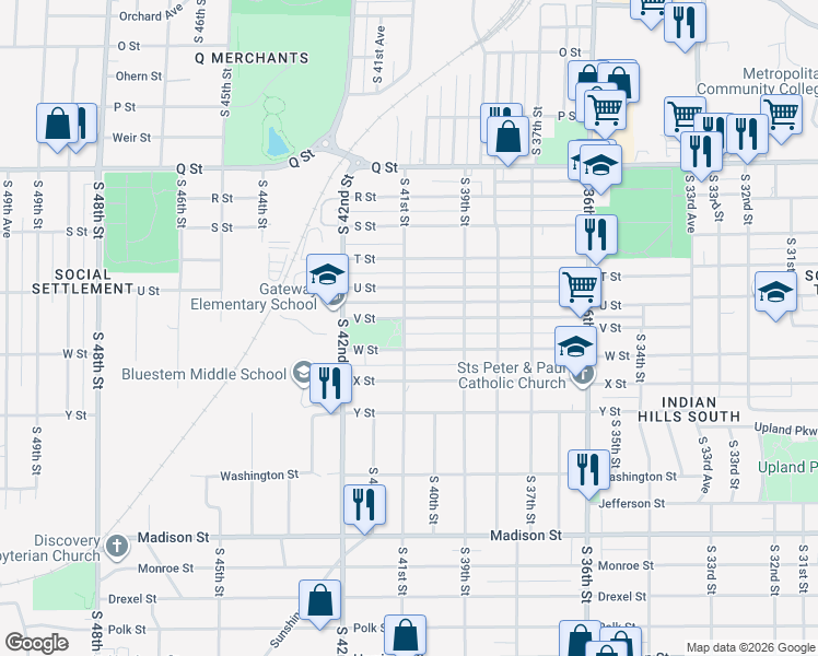 map of restaurants, bars, coffee shops, grocery stores, and more near 3945 V Street in Omaha