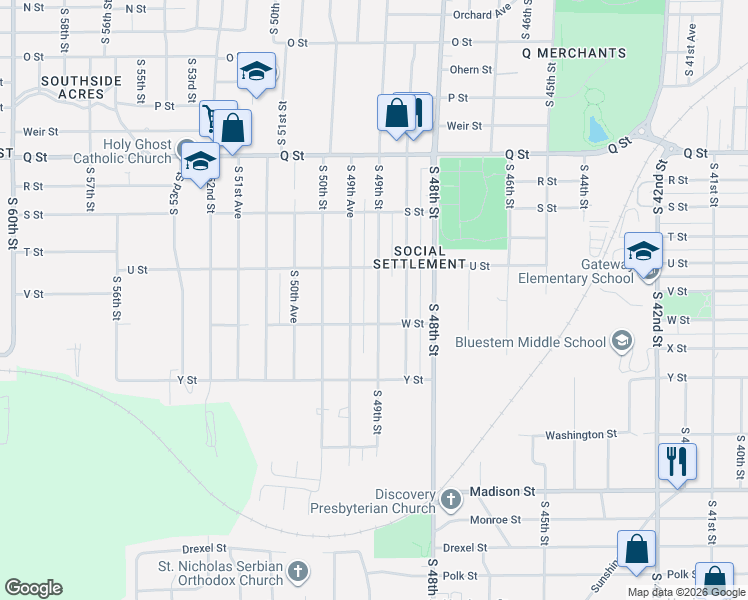 map of restaurants, bars, coffee shops, grocery stores, and more near 5638 South 49th Street in Omaha