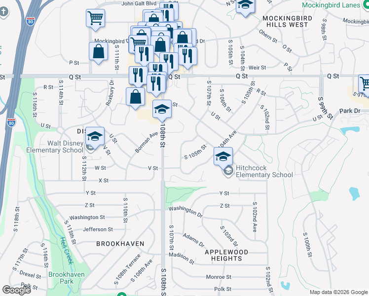 map of restaurants, bars, coffee shops, grocery stores, and more near 5837 South 107th Street in Omaha