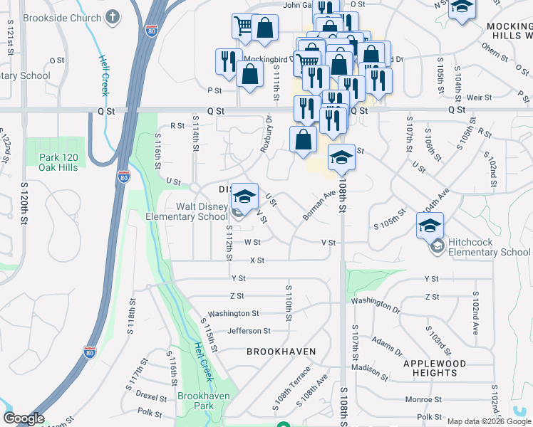 map of restaurants, bars, coffee shops, grocery stores, and more near 11029 U Street in Omaha