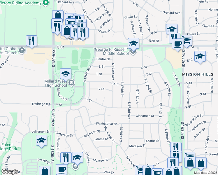 map of restaurants, bars, coffee shops, grocery stores, and more near 17474 V Street in Omaha