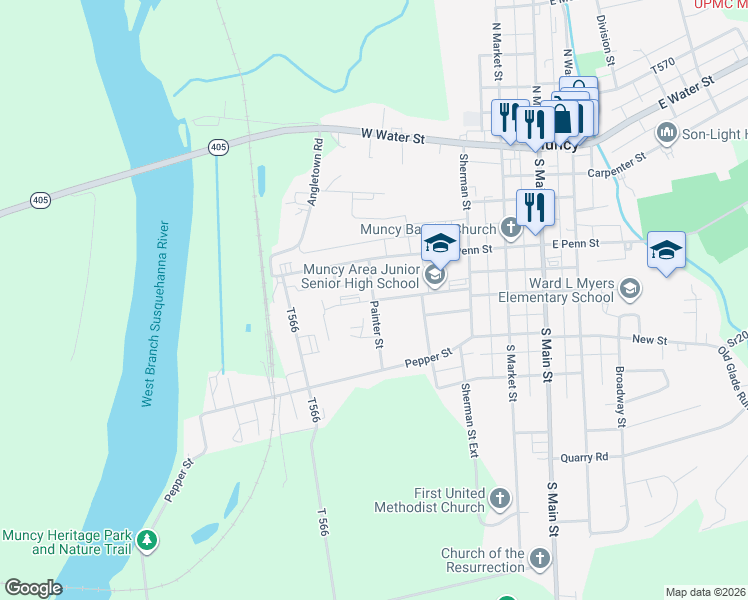 map of restaurants, bars, coffee shops, grocery stores, and more near 100 Painter Street in Muncy
