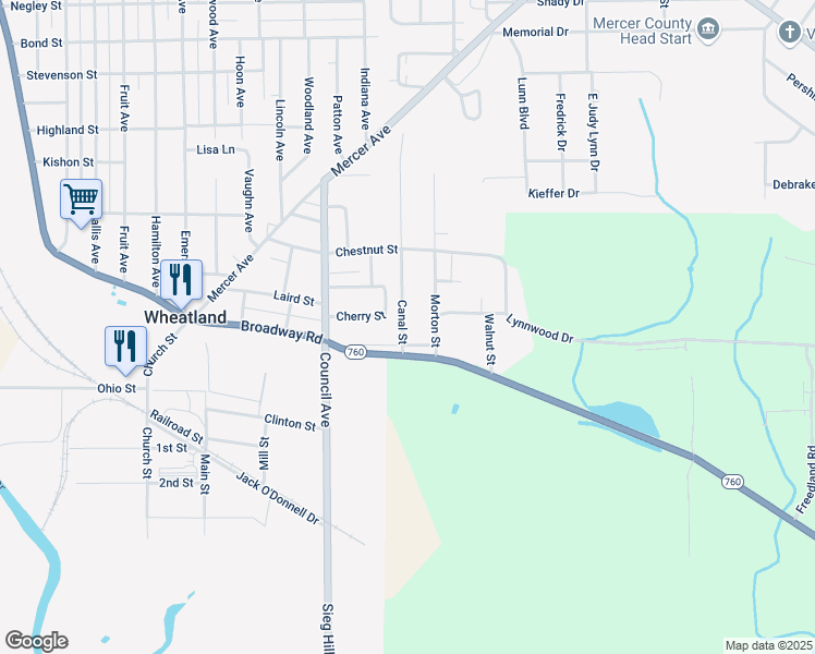 map of restaurants, bars, coffee shops, grocery stores, and more near 30 Canal Street in Wheatland