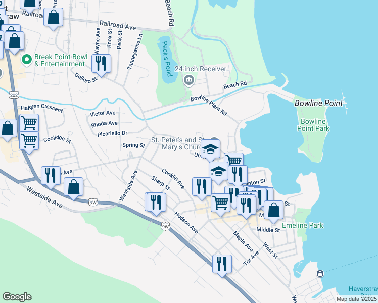 map of restaurants, bars, coffee shops, grocery stores, and more near 10 Orchard Street in Haverstraw