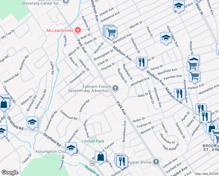 map of restaurants, bars, coffee shops, grocery stores, and more near 3160 Park Avenue in Bridgeport