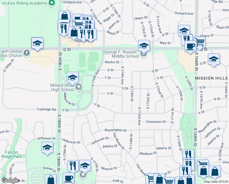 map of restaurants, bars, coffee shops, grocery stores, and more near 17474 V Street in Omaha