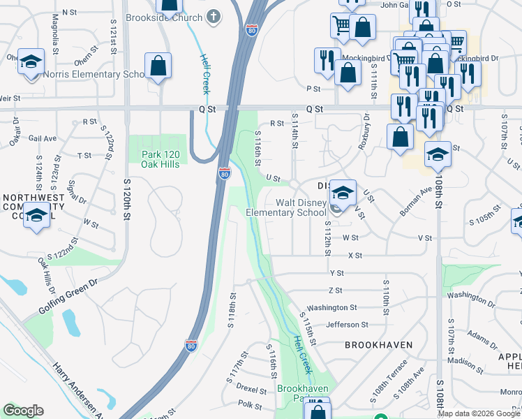 map of restaurants, bars, coffee shops, grocery stores, and more near 5760 South 115th Circle in Omaha