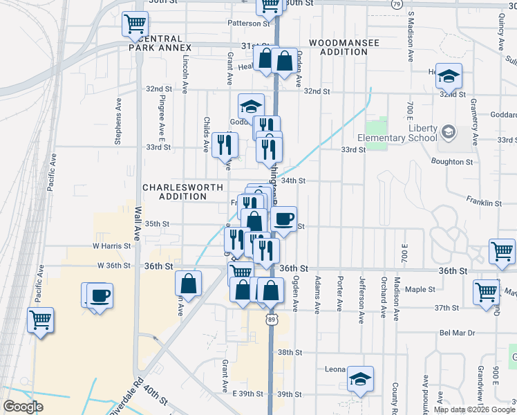 map of restaurants, bars, coffee shops, grocery stores, and more near 365 Franklin Street in Ogden